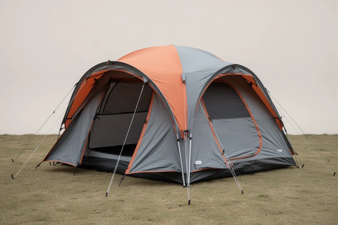 Four-person dome camping tent with grey and orange rainfly pitched on a grassy clearing