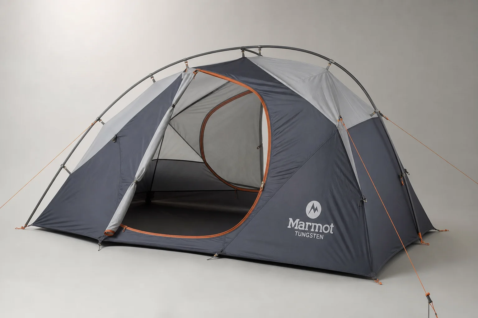 Nine hiking tents arranged on neutral backdrop showing variety in size and design