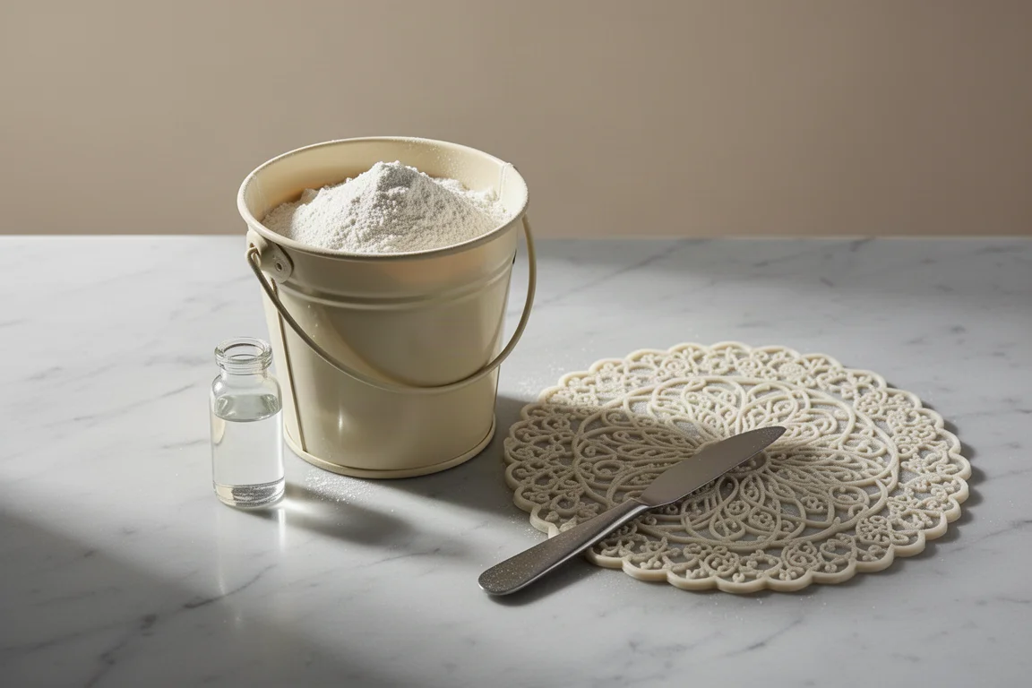 Récipient de Martellato Sugar Dress avec flacon, tapis de dentelle en silicone et spatule sur marbre