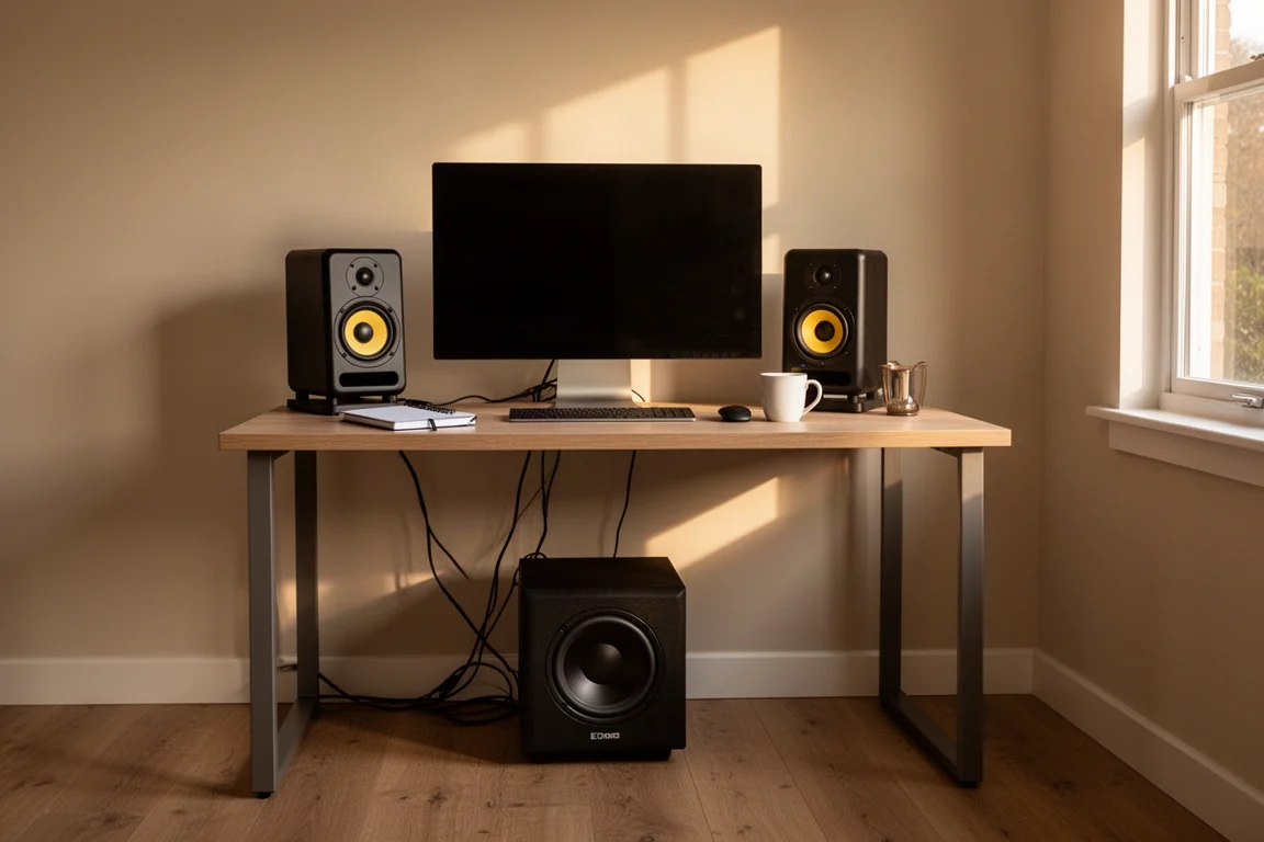 Kleiner Homeoffice-Schreibtisch mit kompakten Aktivlautsprechern und einem Würfel-Subwoofer darunter