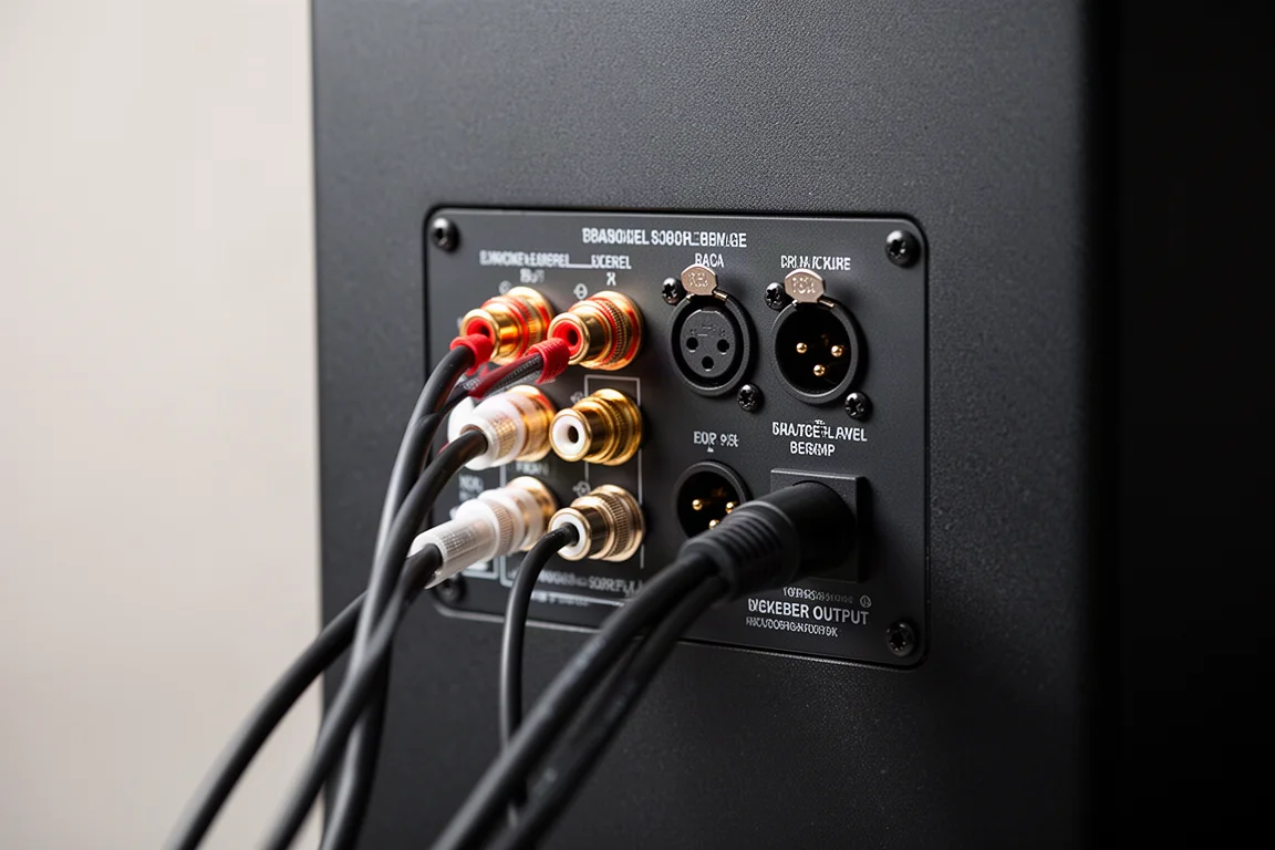 Rückseitiges Anschlusspanel eines kompakten Subwoofers mit Lautsprecher-, RCA- und XLR-Buchsen