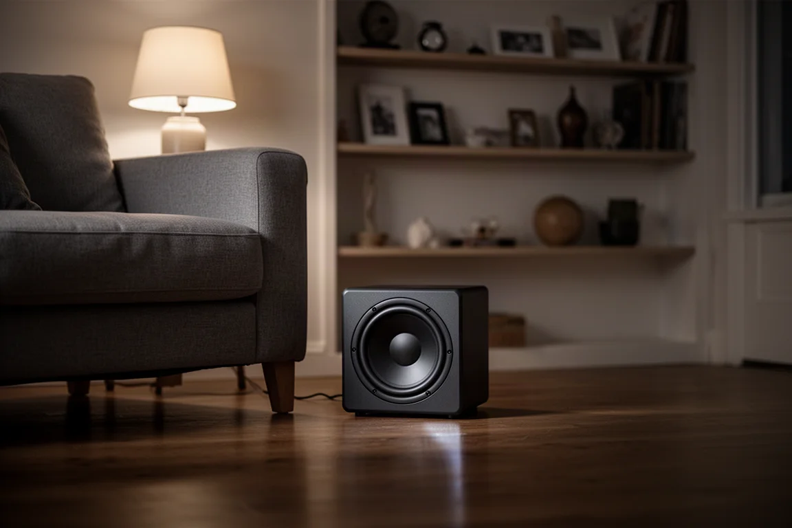 Dämmerig beleuchtete Wohnzimmerecke bei Nacht mit kompaktem Würfel-Subwoofer neben einem Sofa