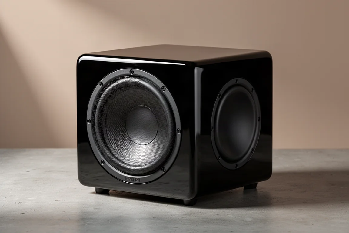 Compact gloss black cube subwoofer with a rounded grill, shown at a three-quarter angle