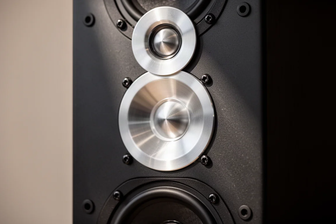 Close-up of three brushed aluminium speaker woofers on a matte black baffle