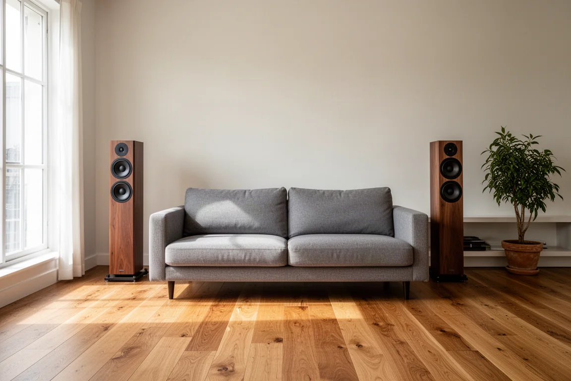Two tall floorstanding speakers placed either side of a sofa in a bright living room
