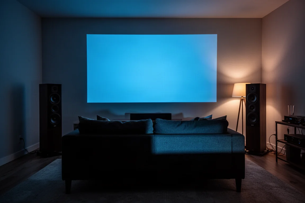 Dimly lit home theater room with a large screen and two tower speakers