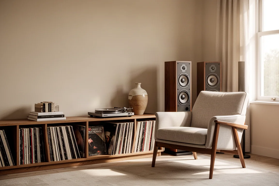 Listening corner with vinyl records, a shelf, and tall tower speakers