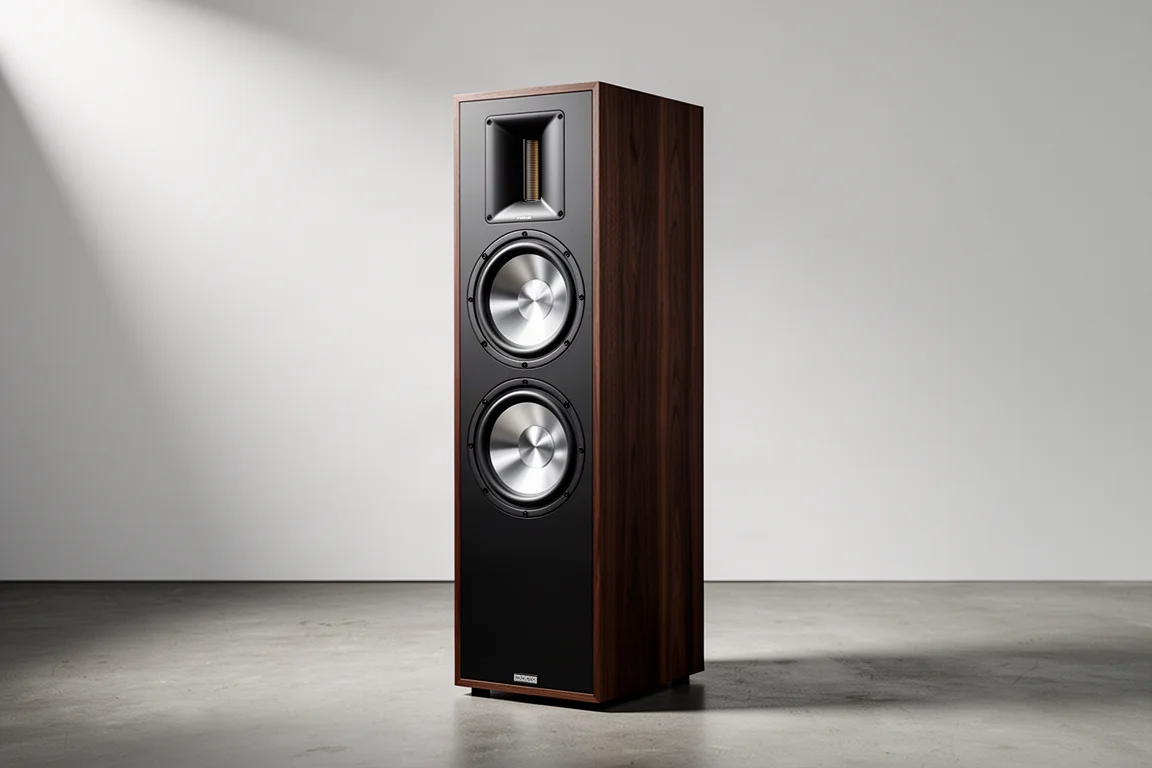 Tall floorstanding tower speaker with three aluminium woofers and a folded motion tweeter on a concrete floor