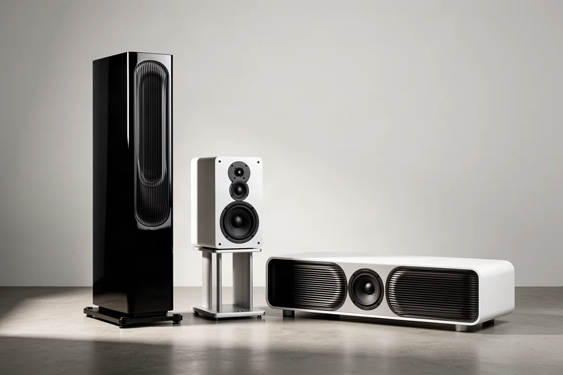 Tower, bookshelf and center channel speakers arranged on a concrete floor against a grey wall