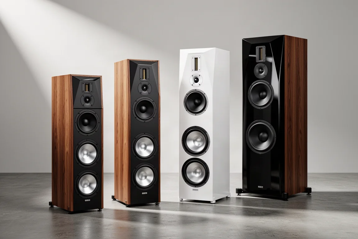 Four floorstanding tower speakers of increasing size in walnut, white and black finishes on a concrete floor