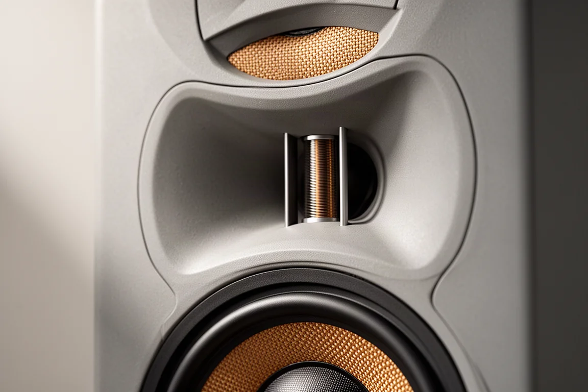 Detalle en ángulo bajo de los woofers de graves y el puerto inferior de una torre cerca del suelo