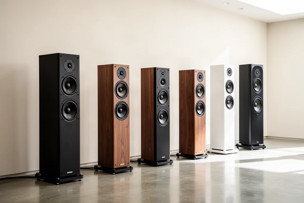 Amplificador integrado con cables de altavoz en un estante de madera junto a un tocadiscos