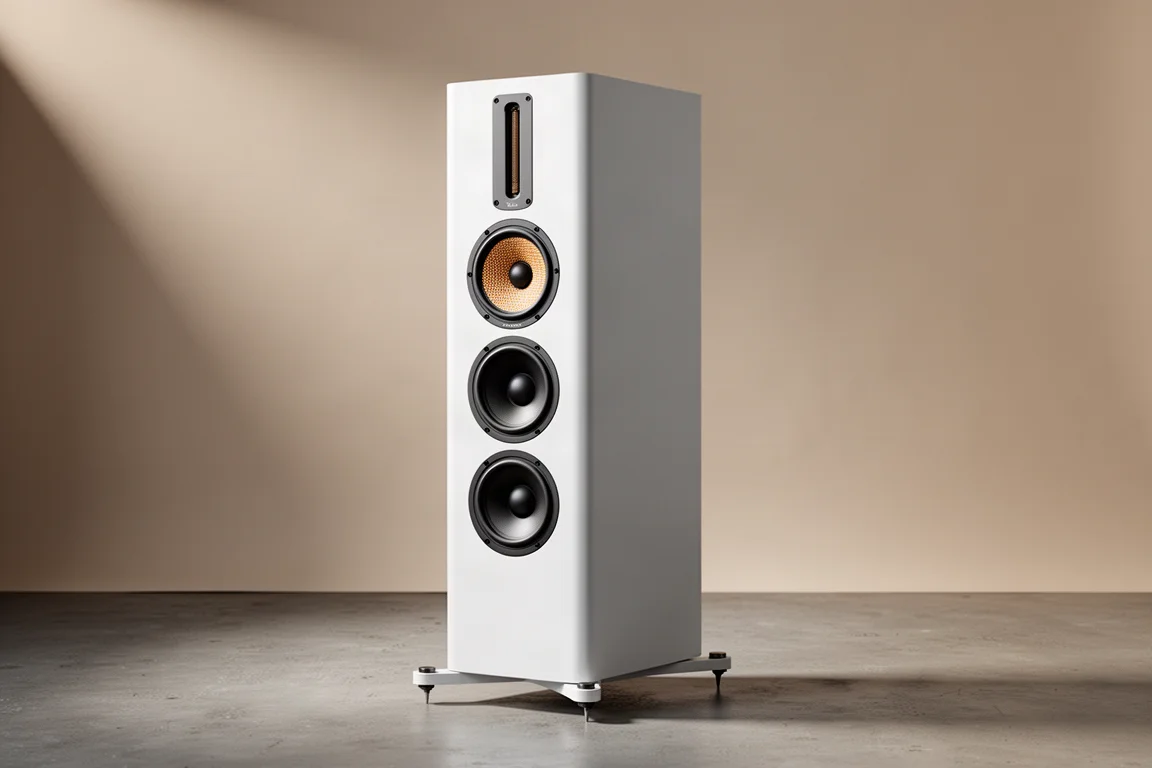 Pair of slim matte-finish floorstanding tower speakers on a concrete floor against a grey backdrop