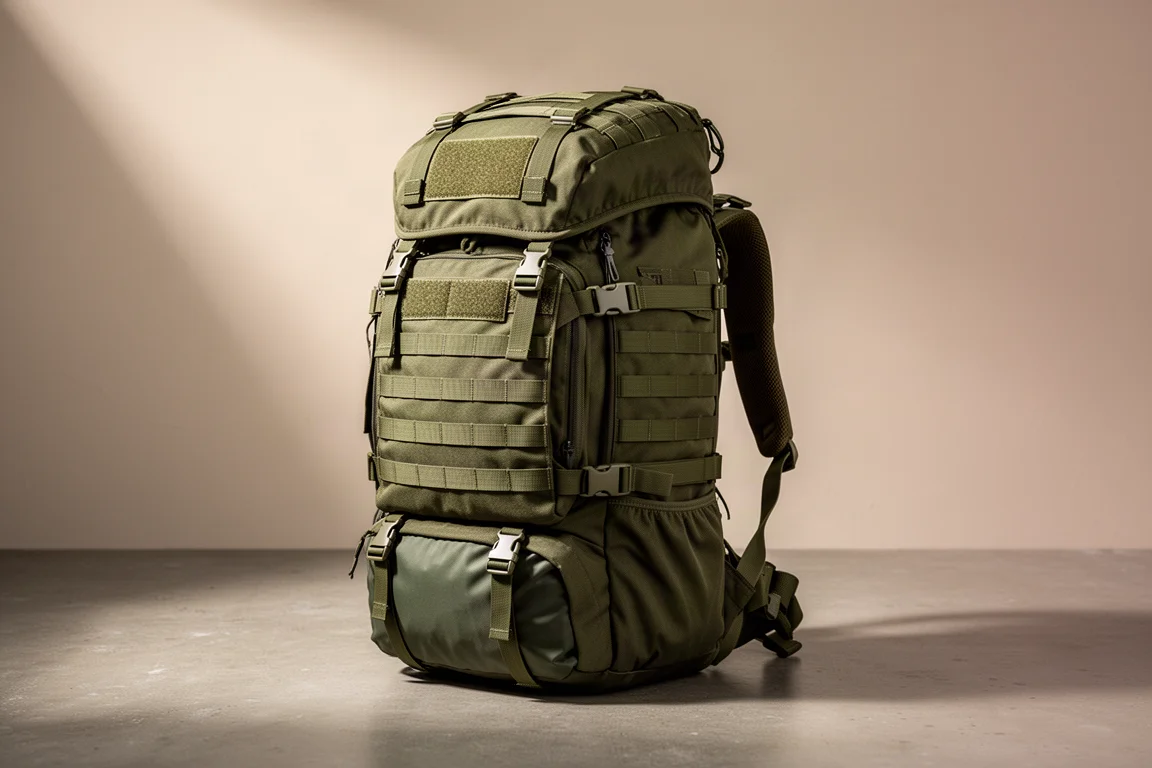 Olive green tactical hiking backpack with MOLLE webbing standing on a concrete surface