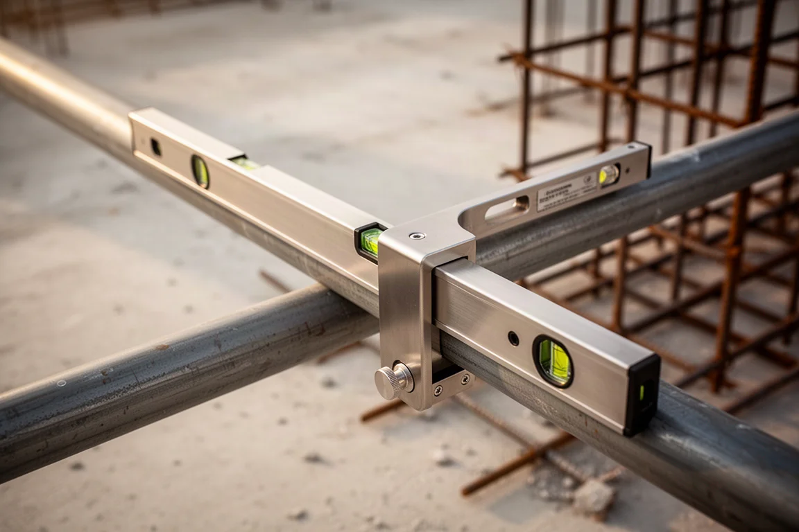 Titanium spirit level clamped to a steel pipe on a jobsite