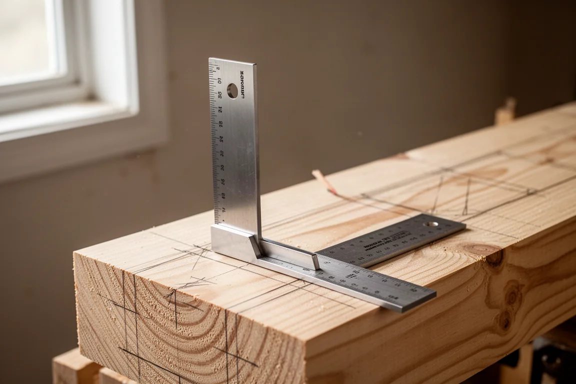 CNC titanium carpenter square resting on raw lumber
