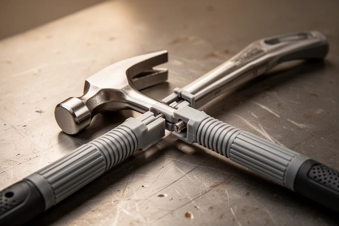 Modular hammer head being swapped onto a grooved handle