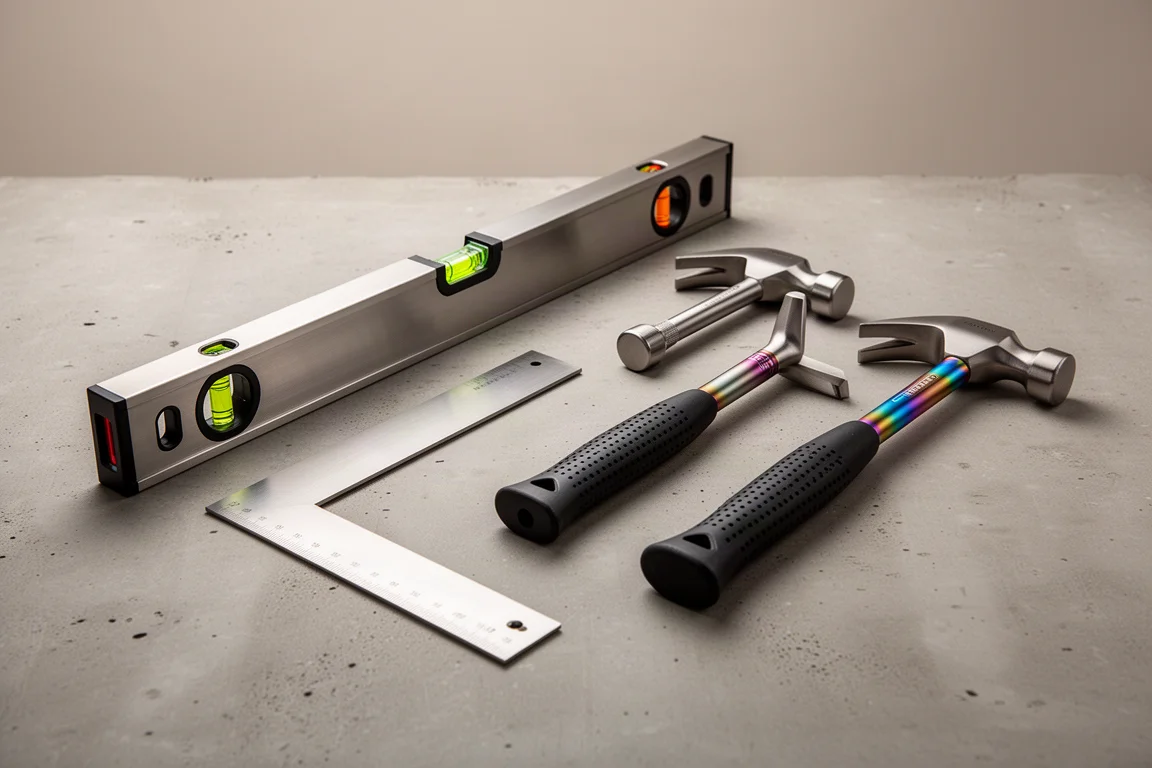 Martinez titanium hand tools including levels, squares, and hammers on concrete