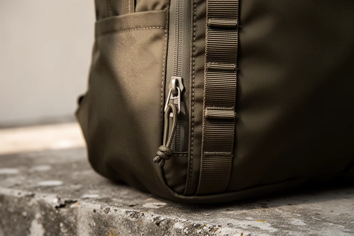 Primo piano di cinghie MOLLE e cursore zip con cordino su uno zaino nero da giorno