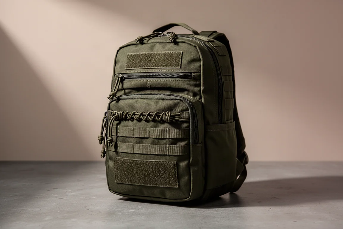 Olive tactical-style backpack with three zippered pockets and webbing on a concrete surface