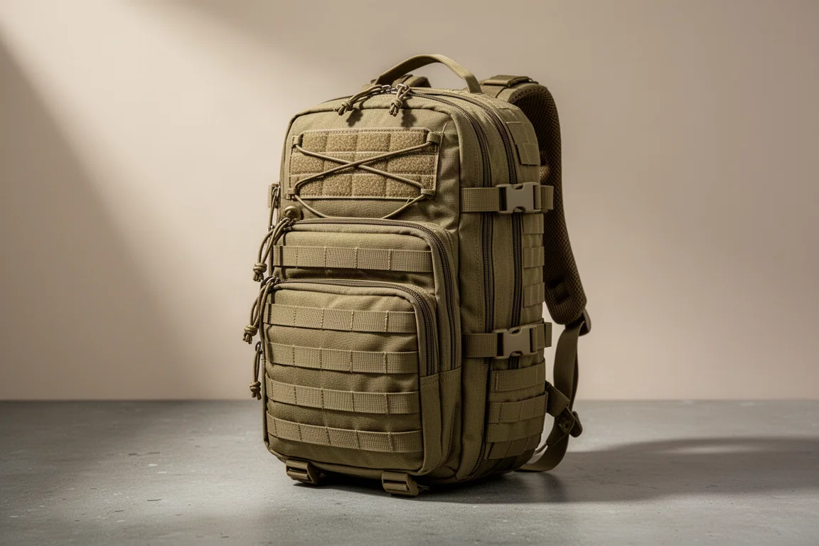 Compact khaki tactical-style backpack with front pockets and webbing on a neutral backdrop