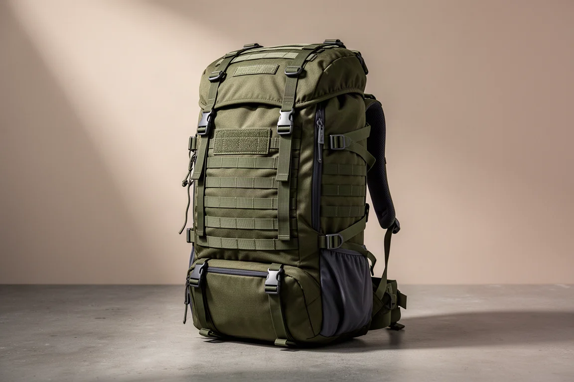 Olive green internal frame hiking backpack with MOLLE webbing on a concrete surface
