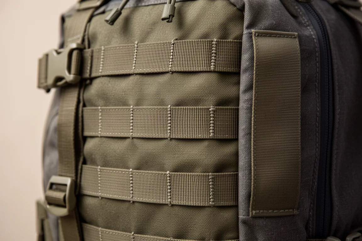 Primer plano de filas horizontales de cintas y una correa de compresión lateral en una mochila de senderismo