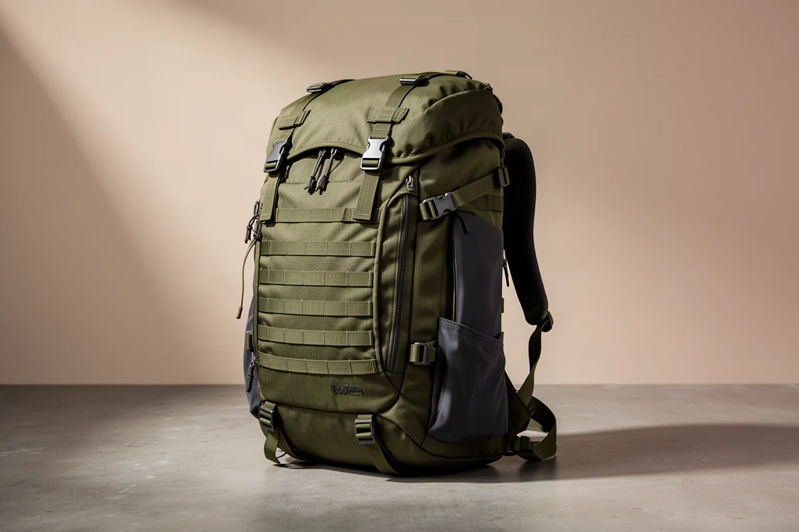 Olive green MOLLE hiking backpack with lid and side compression straps on concrete