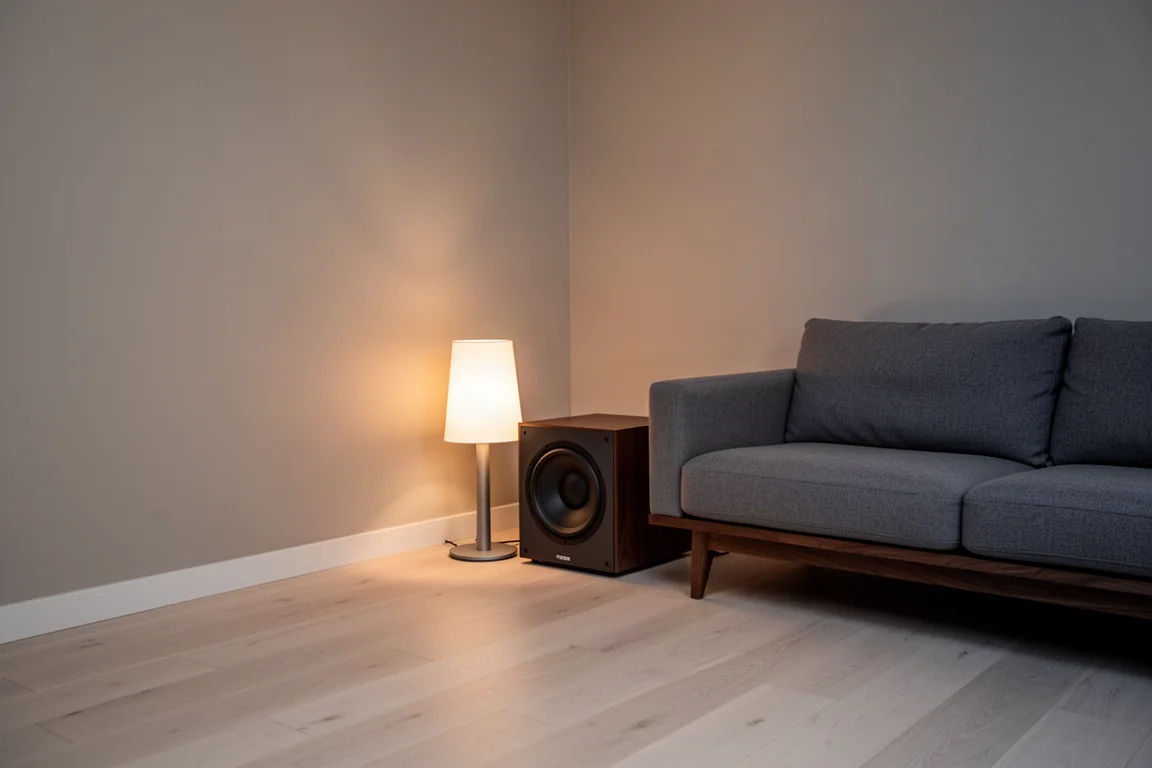 Ruhiger Hörraum am Abend mit einem kompakten dunklen Subwoofer neben einem Sofa