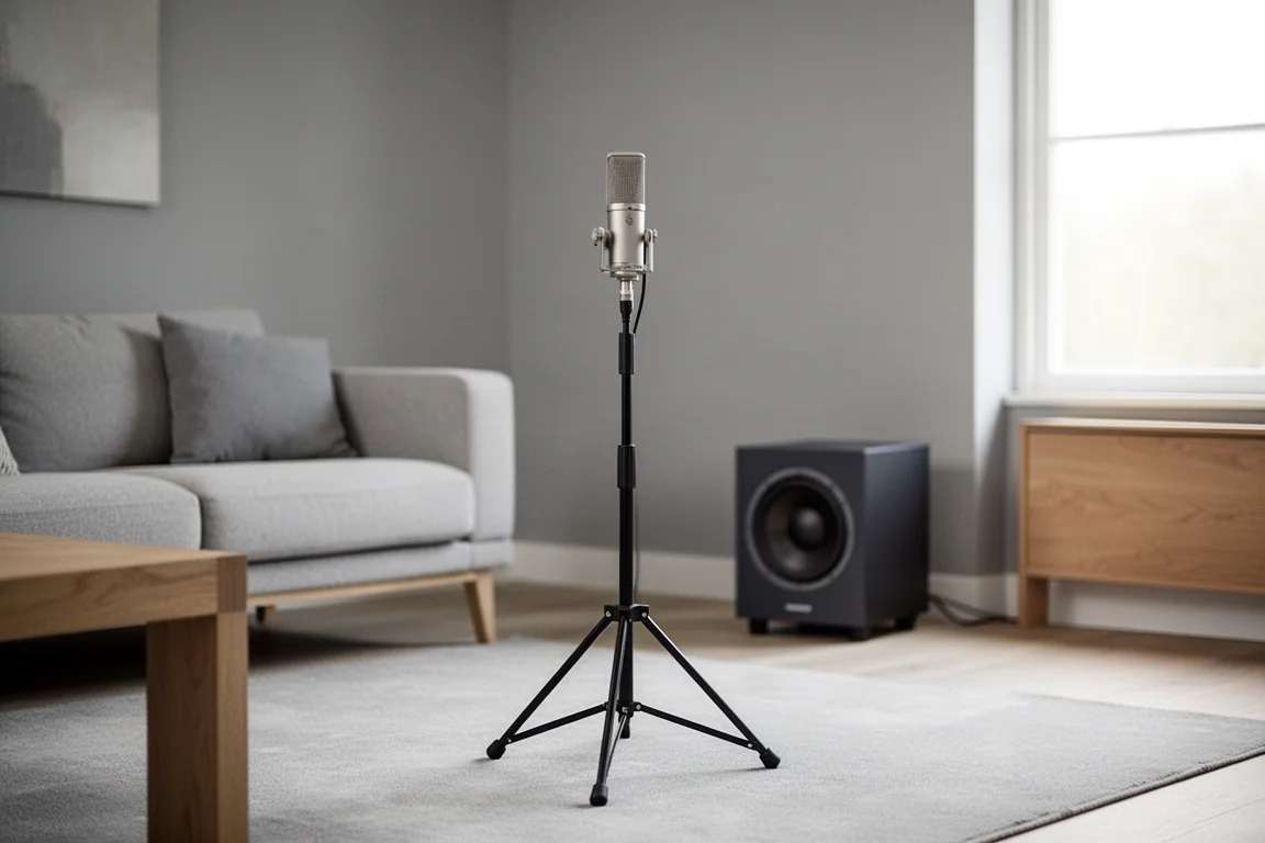 Messmikrofon auf einem Stativ im Wohnzimmer während der Subwoofer-Einrichtung