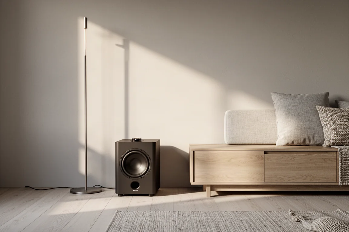 Ecke eines modernen Wohnzimmers mit einem kompakten Subwoofer neben einem Medienregal