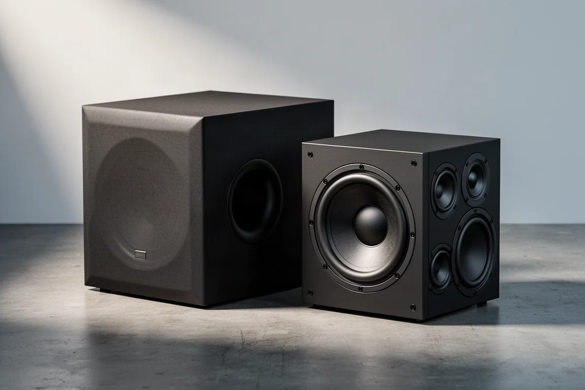Two compact matte black subwoofers side by side on a concrete floor