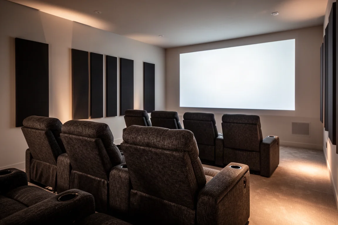 Dimly lit home theater room with rows of seating and acoustic wall panels