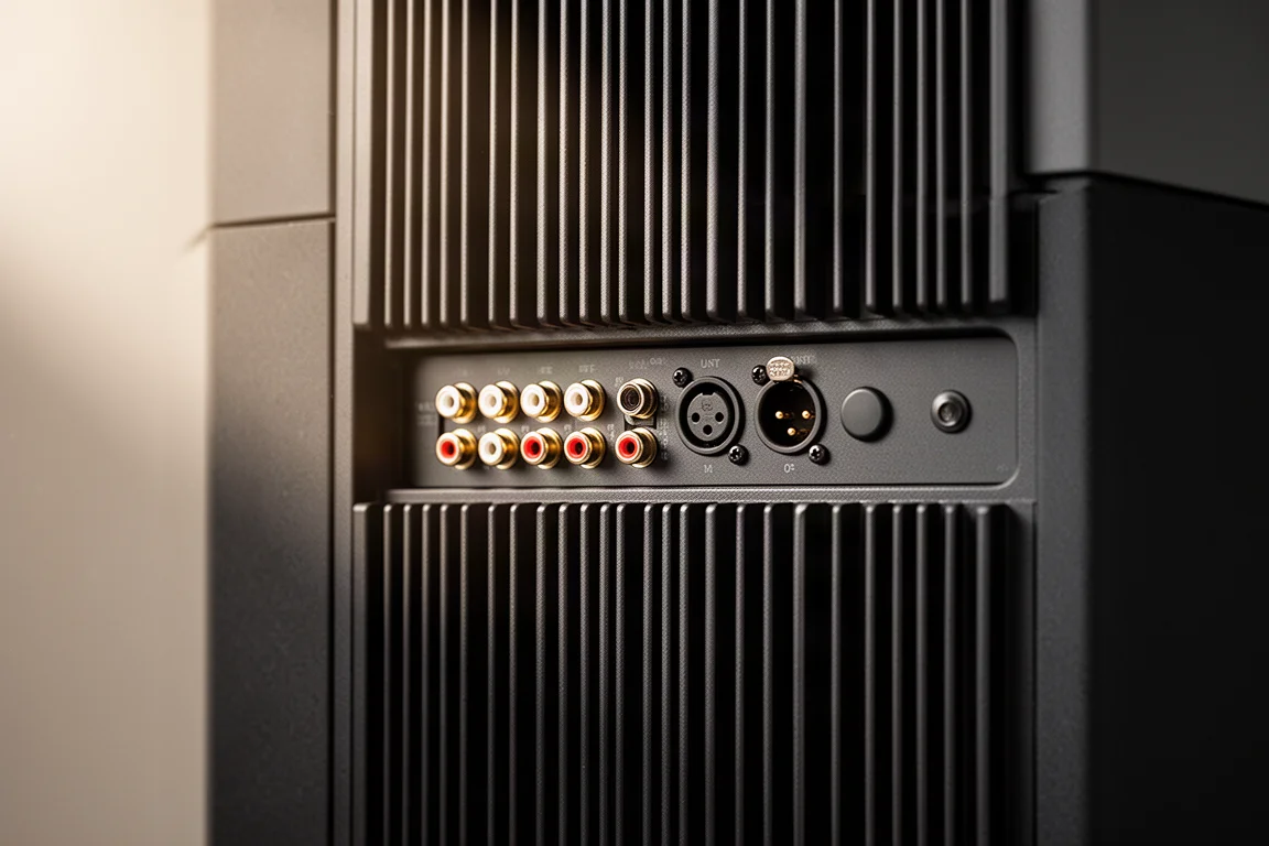 Close-up of a subwoofer rear amplifier panel with RCA and XLR connectors