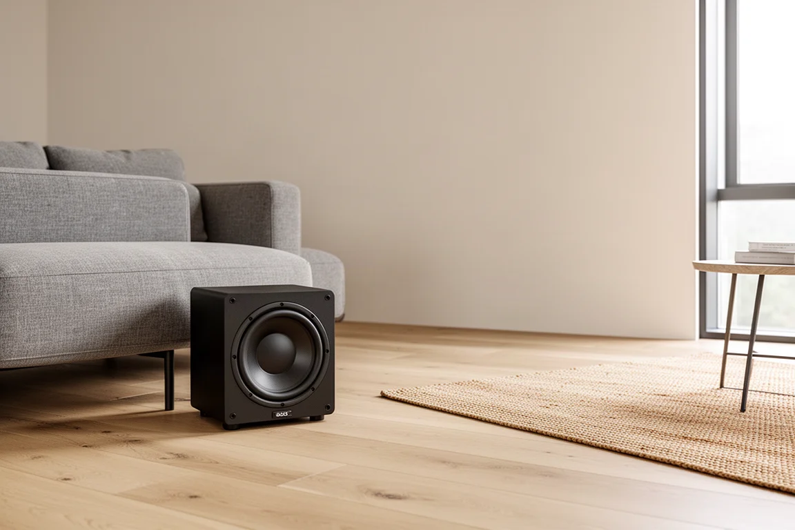 Compact subwoofer placed beside a fabric sofa in a bright modern living room