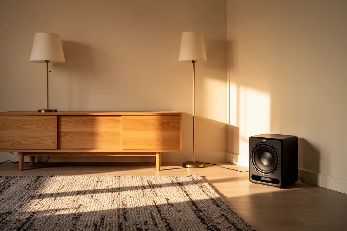 Living room corner at golden hour with a subwoofer placed along the wall