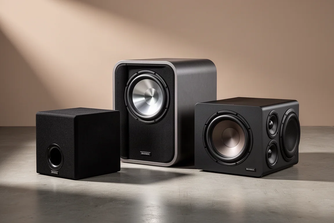 Three MartinLogan subwoofers of different sizes arranged in a row on a concrete floor