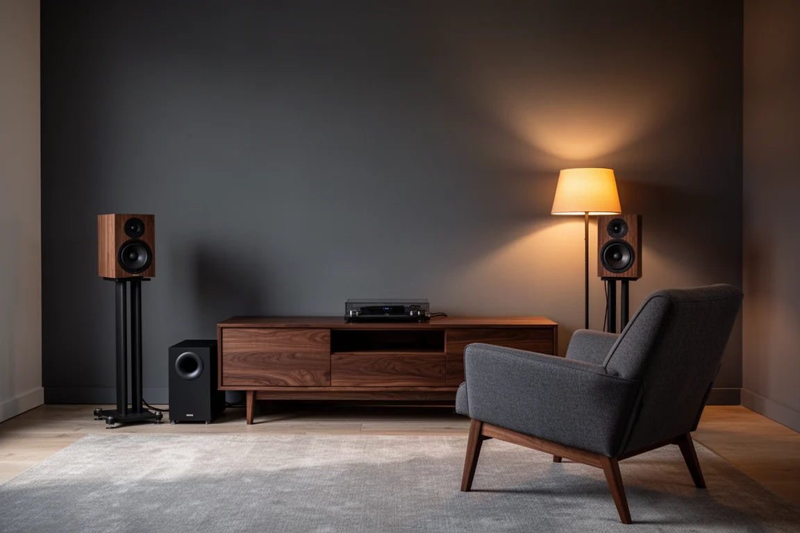 Hörecke im Wohnzimmer in der Abenddämmerung mit kleinen Lautsprechern, Subwoofer und Sessel
