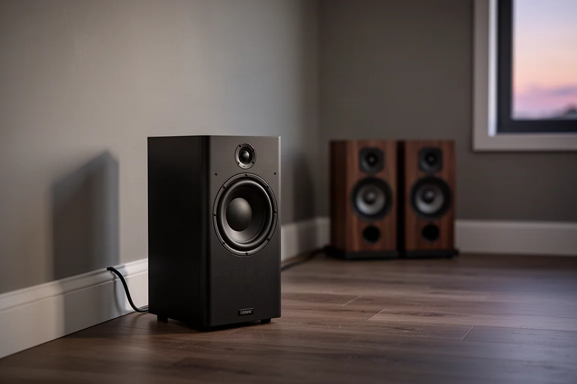 Kompakter schwarzer Subwoofer in einer Raumecke mit Lautsprecherkabel entlang der Fußleiste