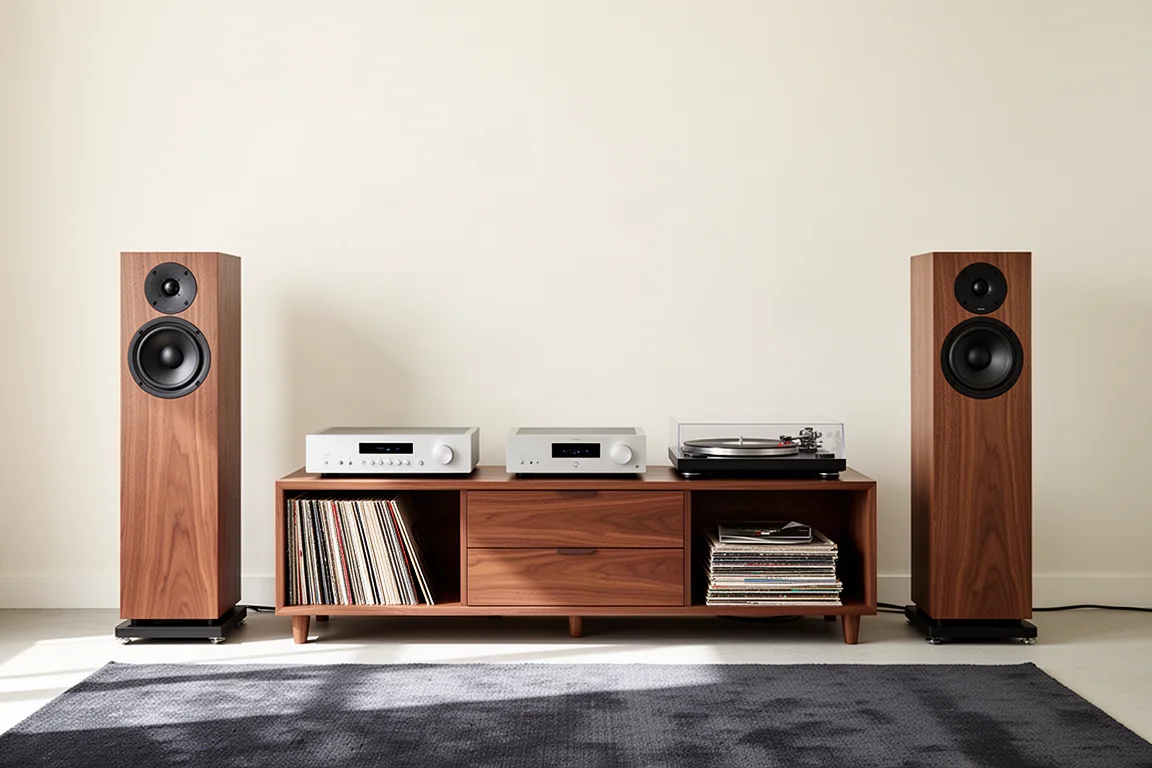 Zweikanal-Hi-Fi-Setup mit Regallautsprechern, Verstärker und Plattenspieler
