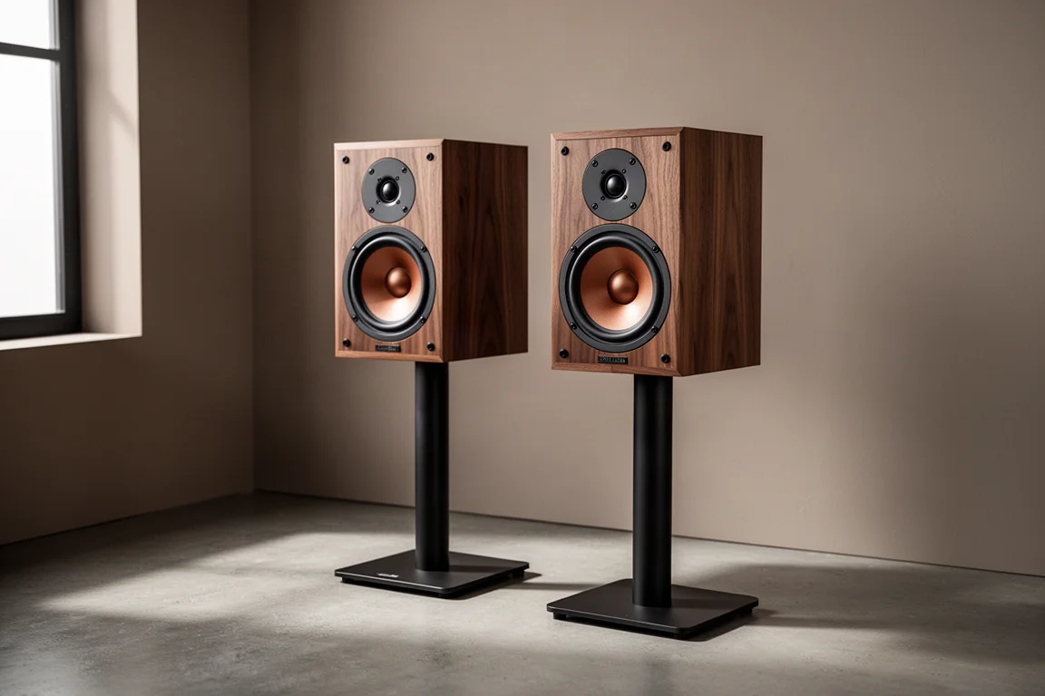 Pair of walnut veneer bookshelf speakers on stands in a minimalist listening room
