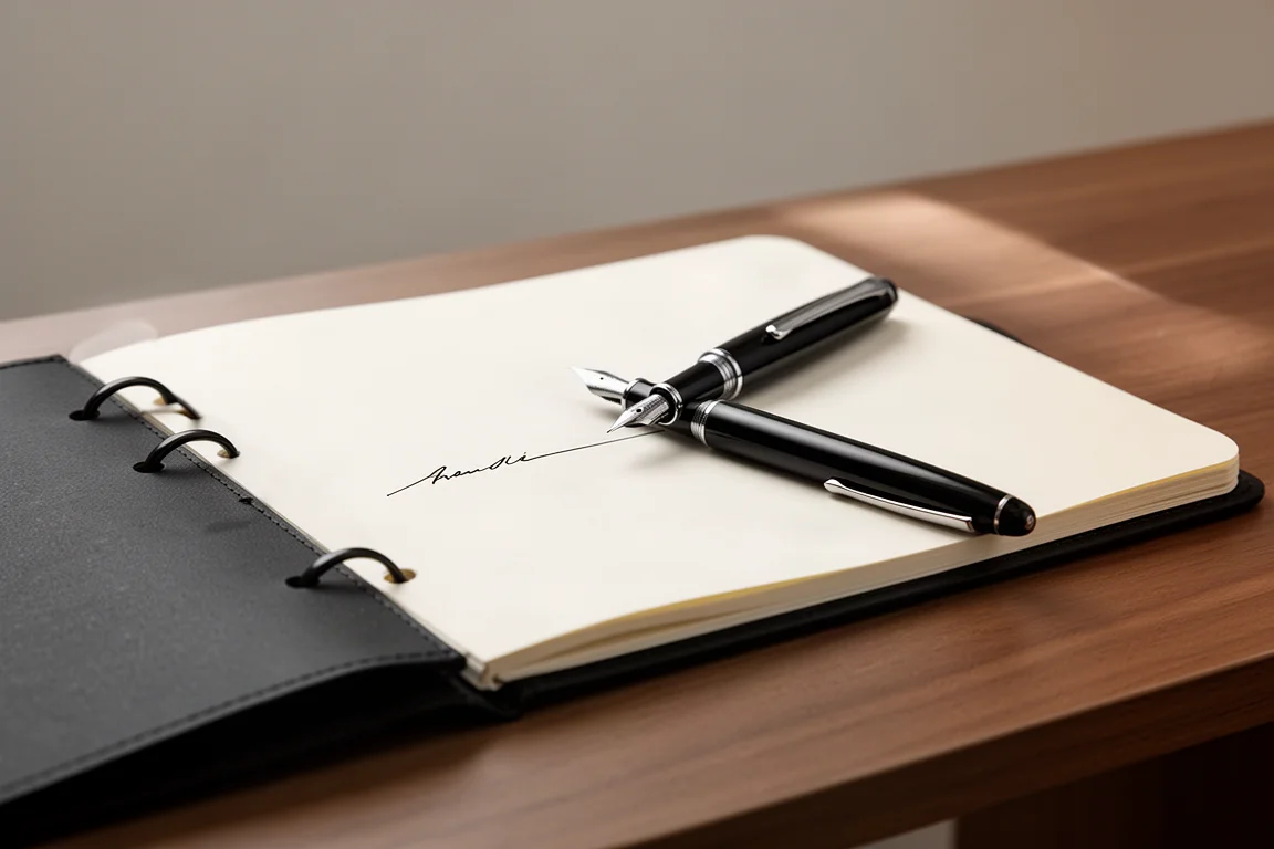 Open black notebook with off-white paper and a fountain pen resting on the page