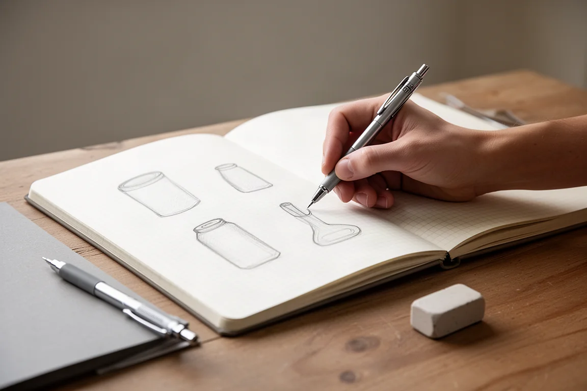 Hand sketching a product design on graph paper in a large notebook
