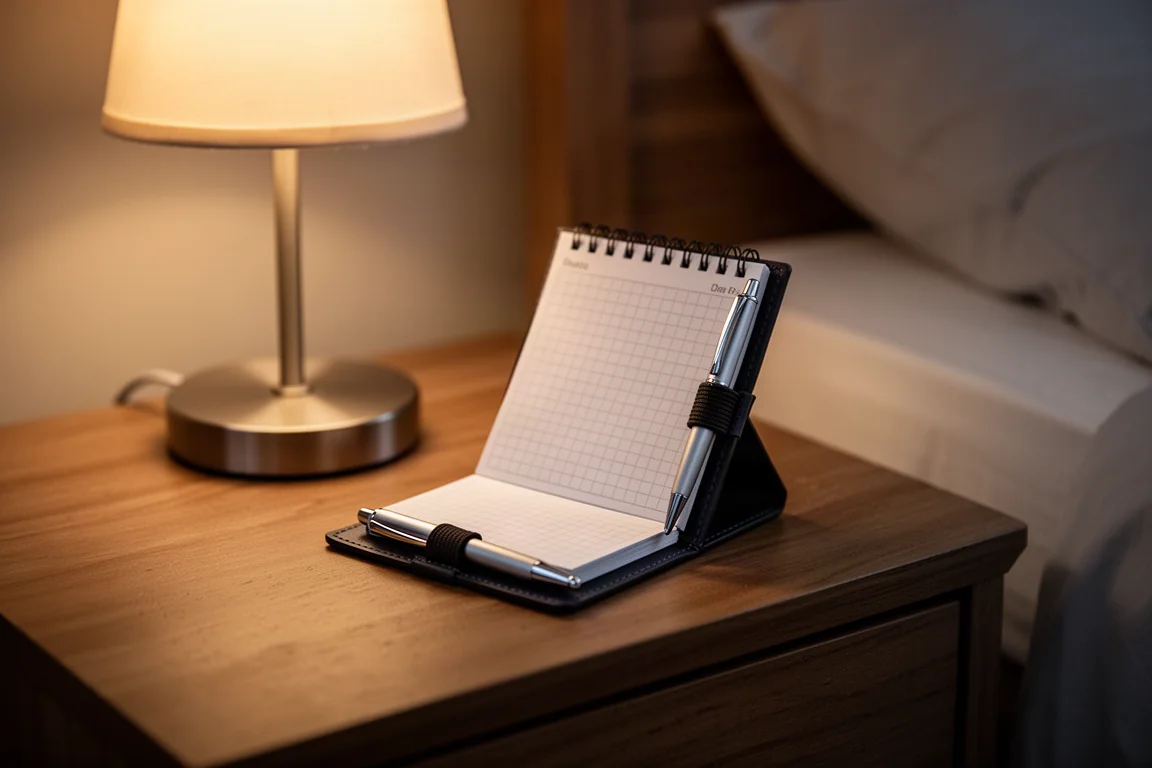 Pocket memo pad with pen loop on a nightstand beside a warm reading lamp