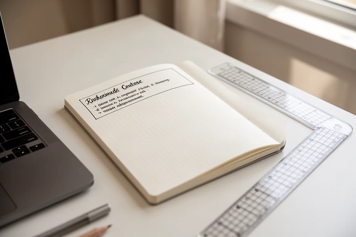 Dot grid notebook open on a desk during a remote work meeting setup