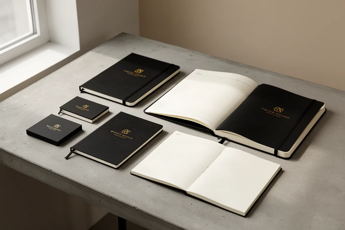 Assortment of black Mnemosyne notebooks and memo pads in multiple sizes on a concrete surface