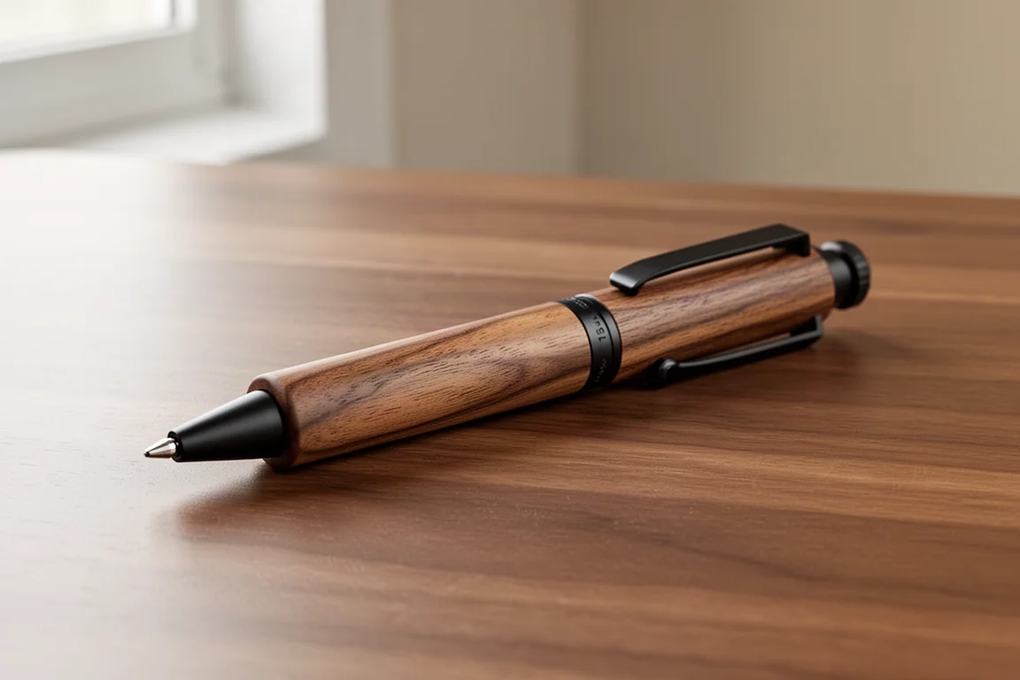 Walnut wooden mechanical pencil with silver fittings on a concrete surface