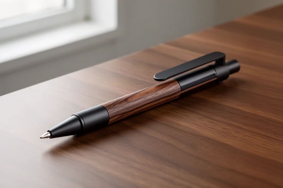 Slim walnut mechanical pencil with matte black fittings on a wooden desk