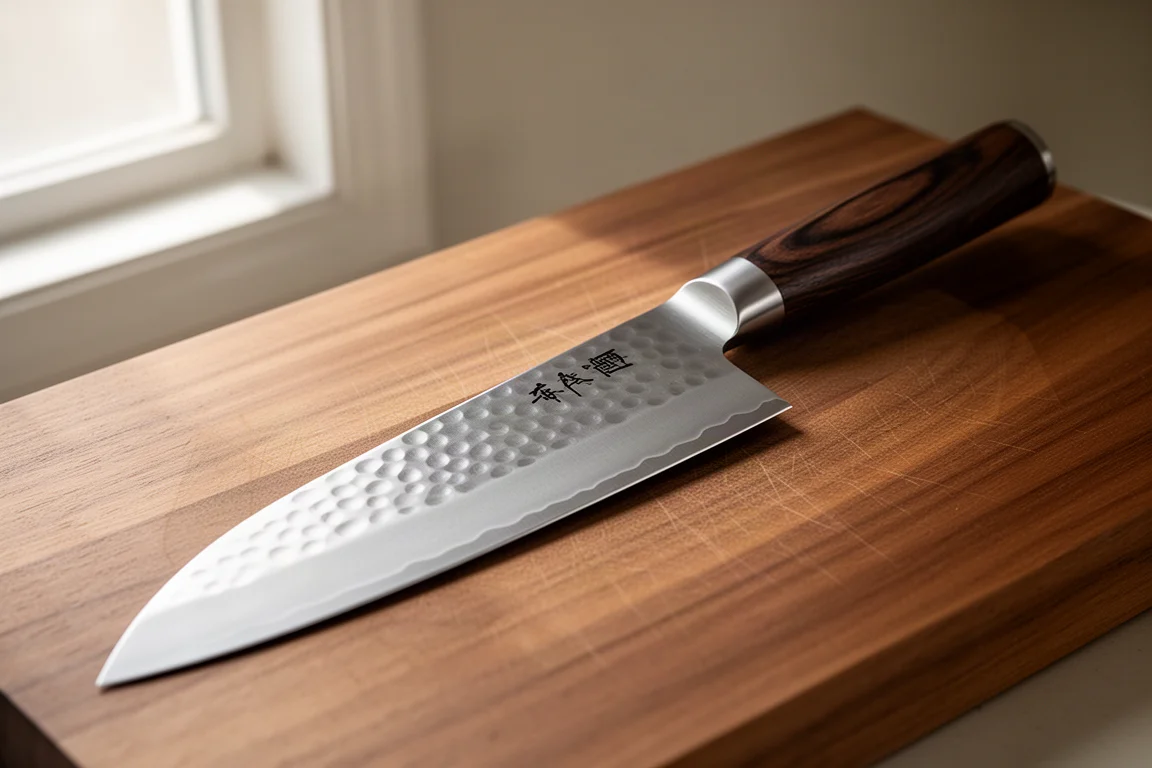 Masakage Zero 240mm gyuto with hammered blade and ironwood handle on a wooden board