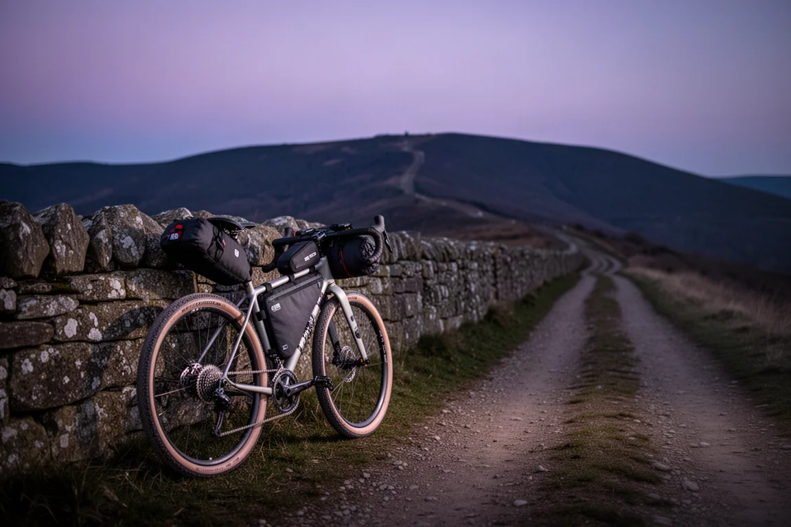黄昏时分,小径旁载满 bikepacking 行李的砾石车